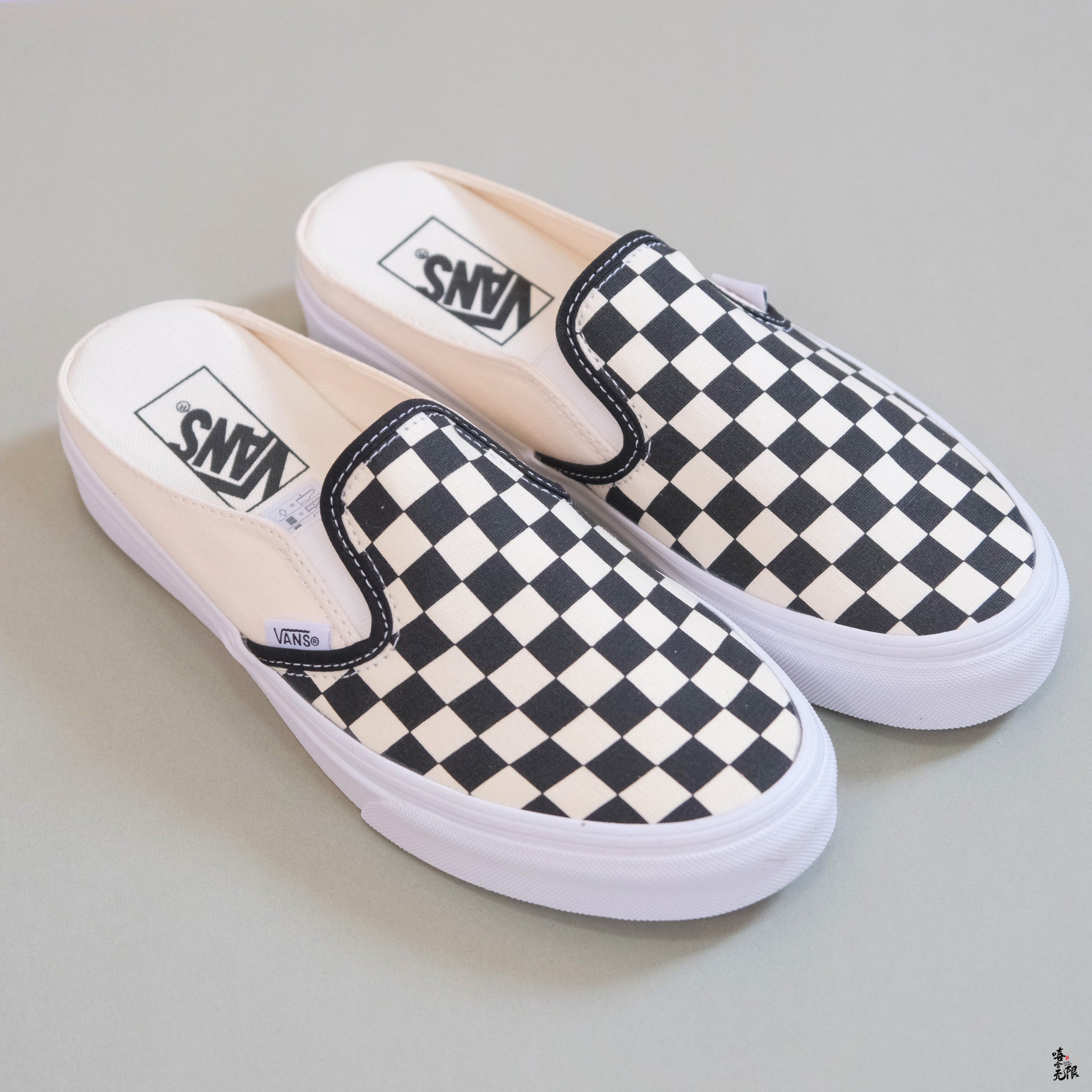 低帮vansslipon黑米米白棋盘格半托女士拖鞋运动拖鞋