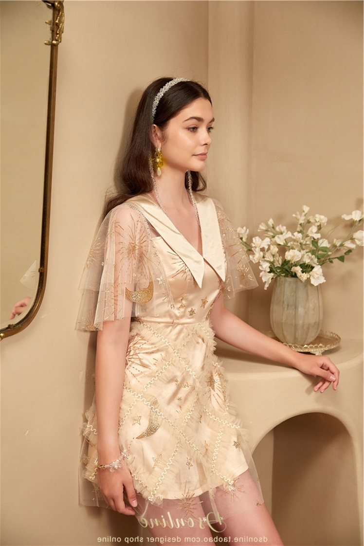 高端名暖礼服杏色烫金网纱连衣裙2020礼服