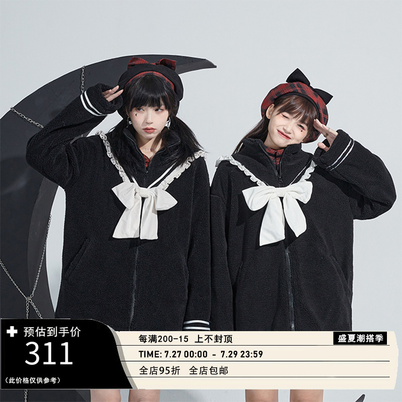 月亮浮士德 原创设计 黑色蝴蝶结羊羔毛绒外套女冬季小众棉衣棉袄