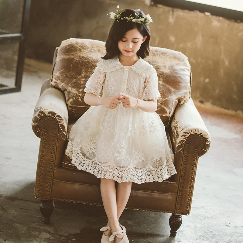 童裙夏季女童连衣裙小女孩娃娃短袖网纱蕾丝裙女连衣裙