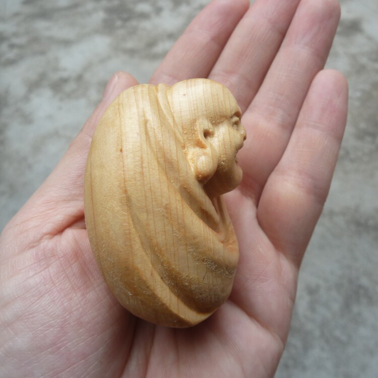 木雕太行太行山山崖柏木手把手玩件2寸小件笑佛木雕