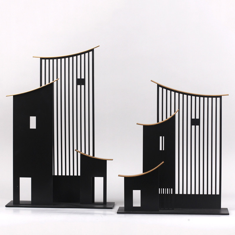 现代新中式铁艺抽象屋檐装饰摆件酒店样板房办公室摆件