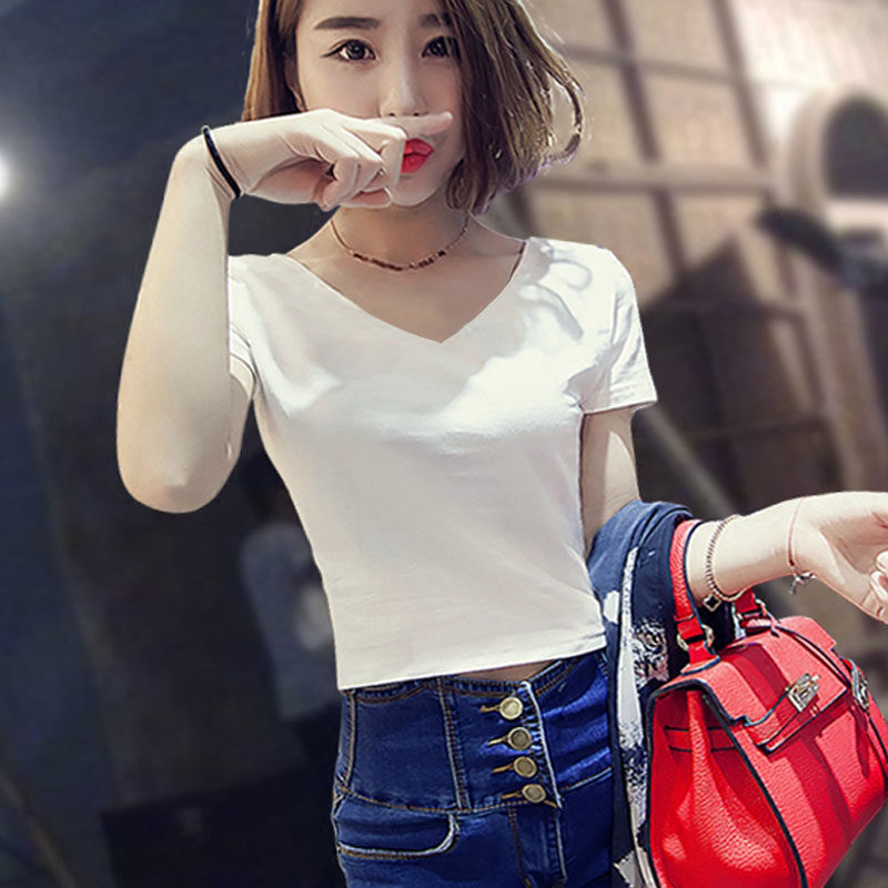 夏黑色短装女短袖修身短款v领t恤韩高腰上衣服
