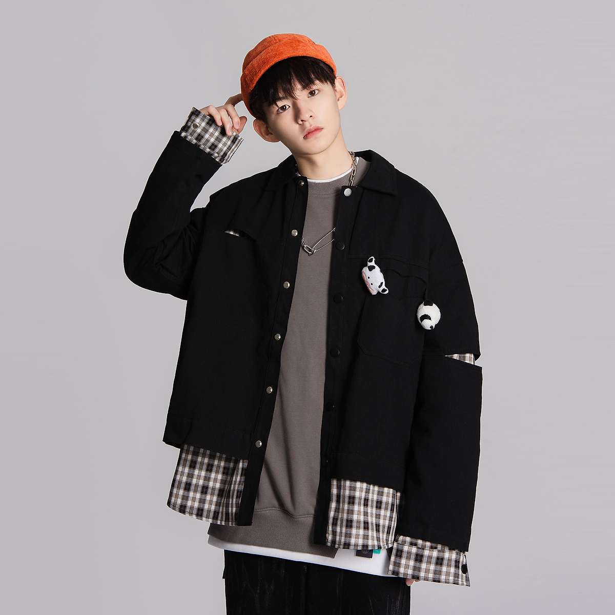 oops studios奶牛拼接外套男春秋oversize韩版潮流宽松假两件夹克