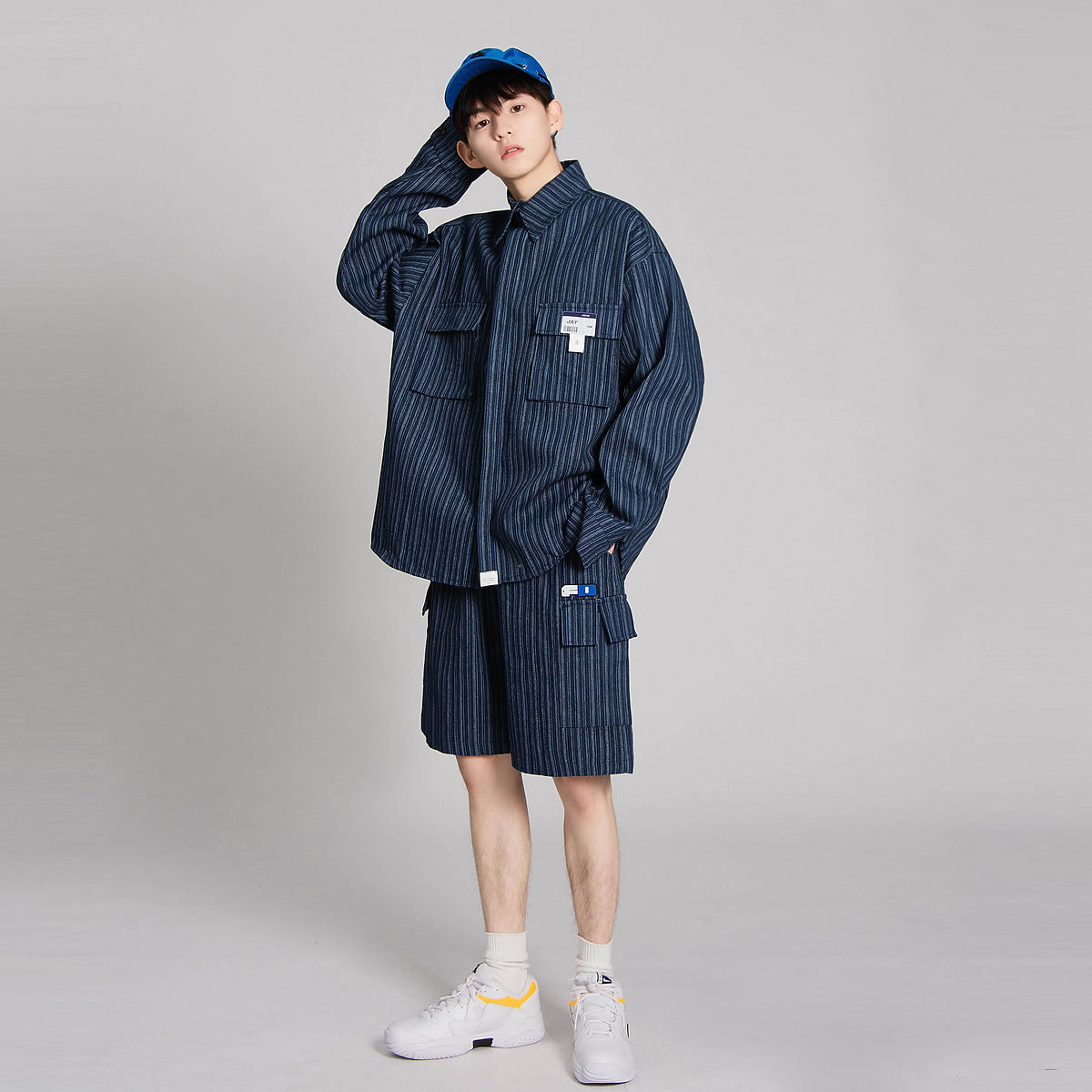 oops蓝色牛仔条纹衬衫男长袖oversize青少年韩版潮流日系工装衬衣