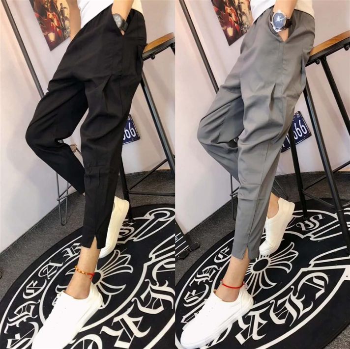 2022夏季新款冰丝休闲裤男宽松哈伦开叉小脚裤黑武士束脚九分裤潮