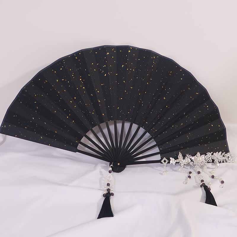 晚吟原创手工折扇黑色烫金宣纸苏工扇面古风工艺扇