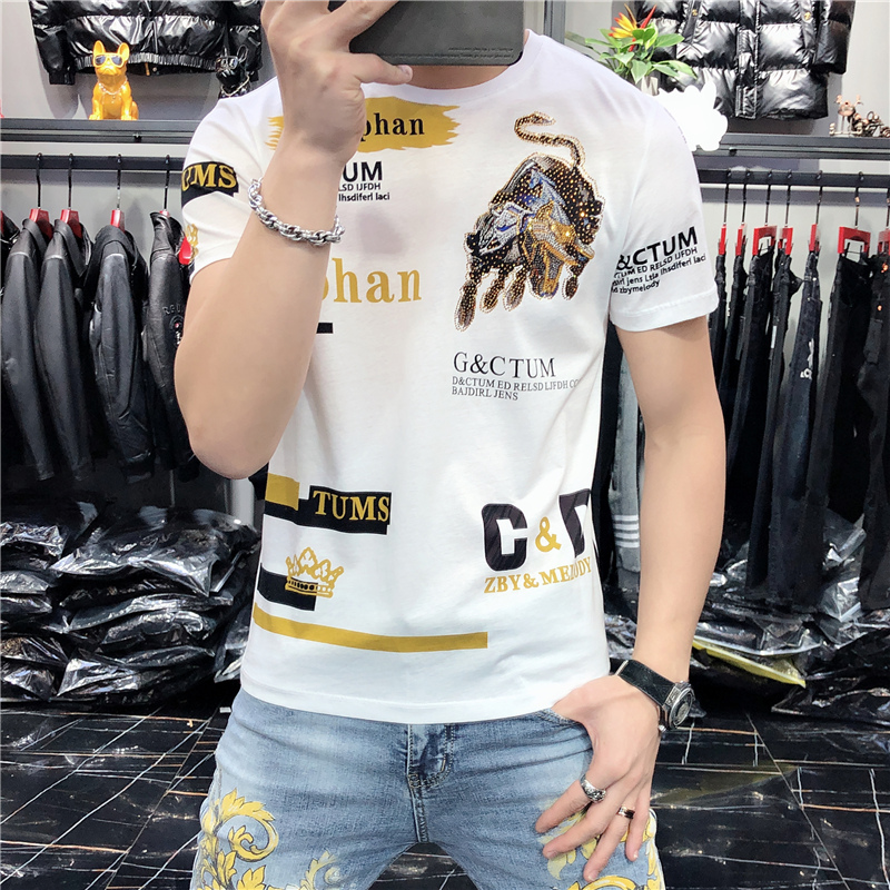 夏季欧货潮牌男装短袖圆领修身印花烫钻丝光棉t恤潮流男士上衣服