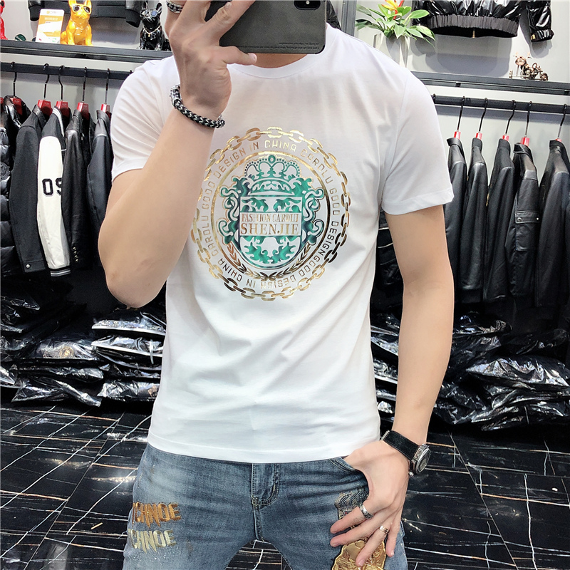 欧洲站2022夏新款男短袖t恤烫金印花时尚潮流丝光棉圆领修身体恤
