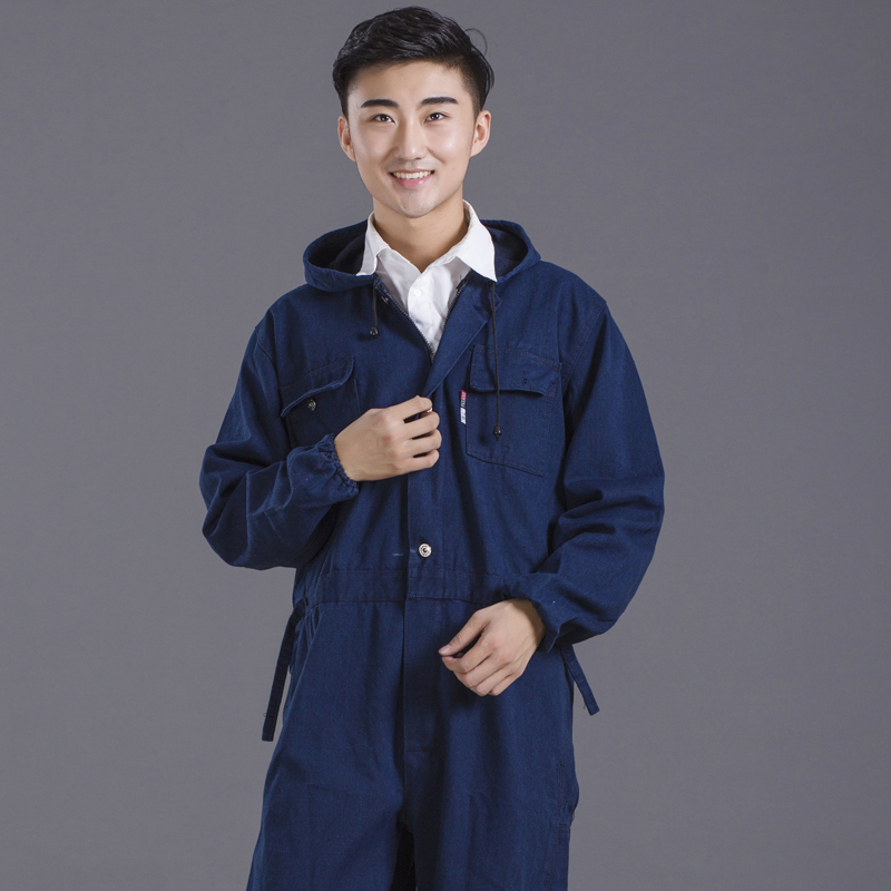 加厚纯棉牛仔连体衣工作服喷漆机车汽修防尘护油工装制服
