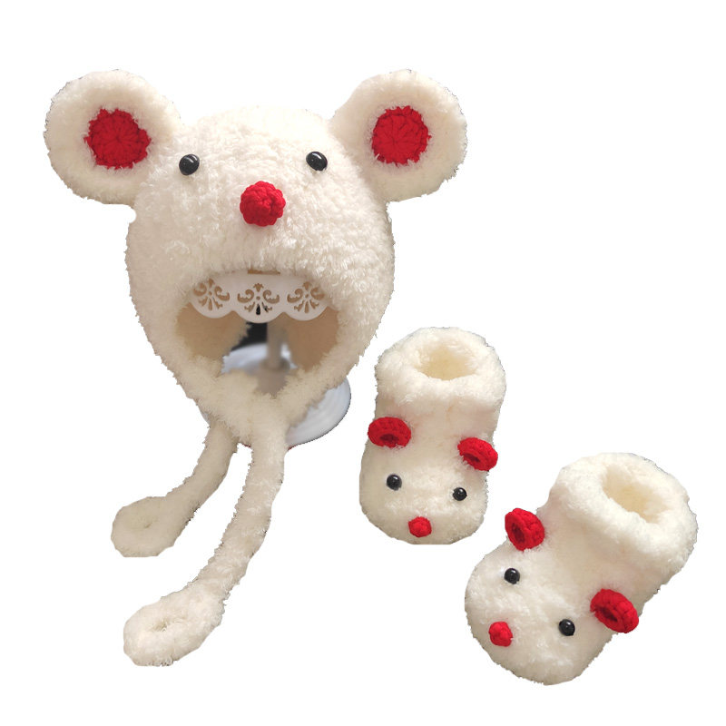 冬款绒绒宝宝帽子可爱超萌小老鼠护耳婴儿手工帽子