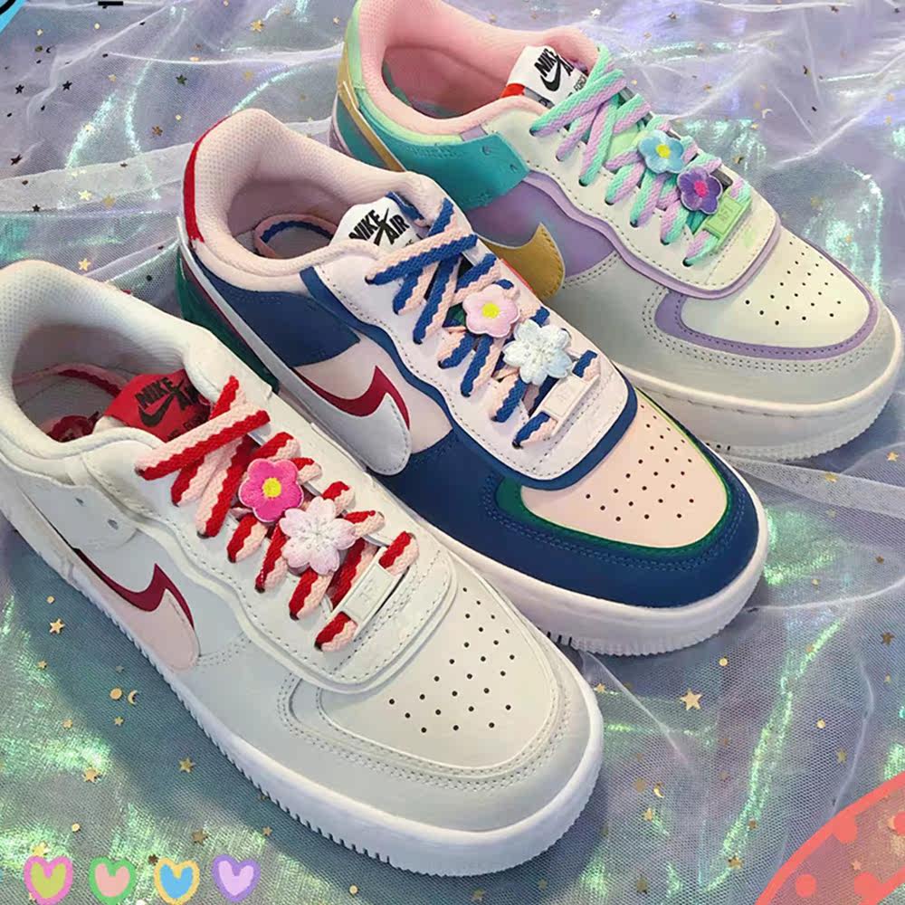 球鞋定制aj1af1shadow嫩粉紫绿拼色拼接鸳鸯彩色马卡龙鞋带
