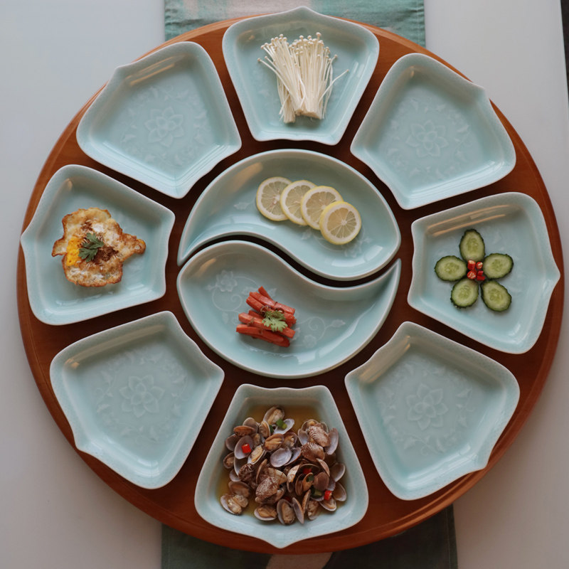 龙泉青瓷家用创意海鲜拼盘组合陶瓷扇形摆盘过年盘