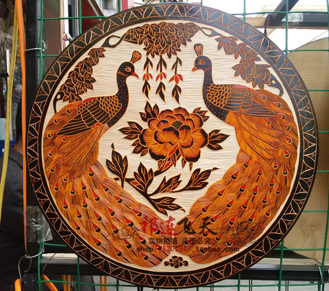 敦煌木板画木版画木刻画手工雕刻厚彩富贵孔雀厘米木版画