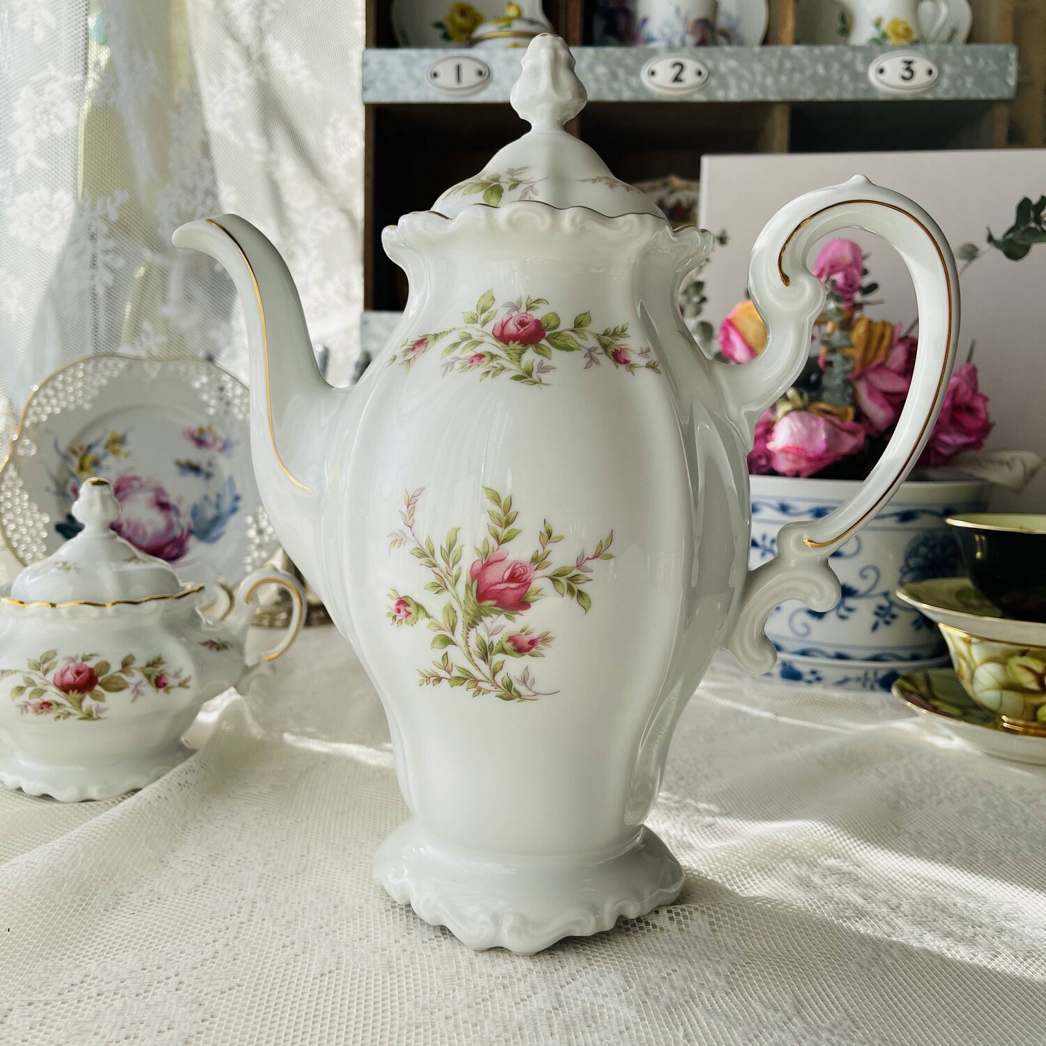 现货特价德国洛可可风小玫瑰花簇大咖啡壶双耳糖罐咖啡杯