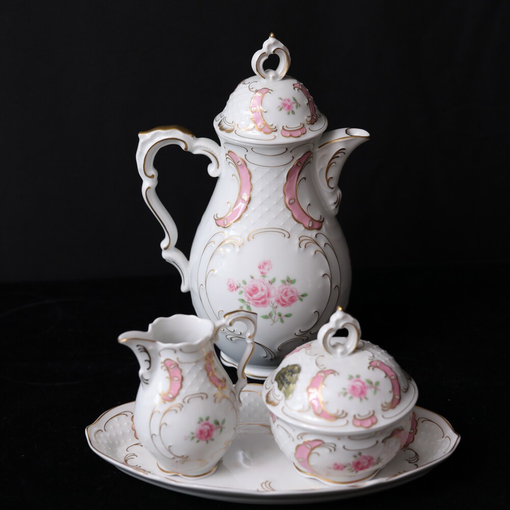 德国lindner洛可可少女心粉边玫瑰咖啡壶茶壶咖啡杯糖奶花瓶托盘
