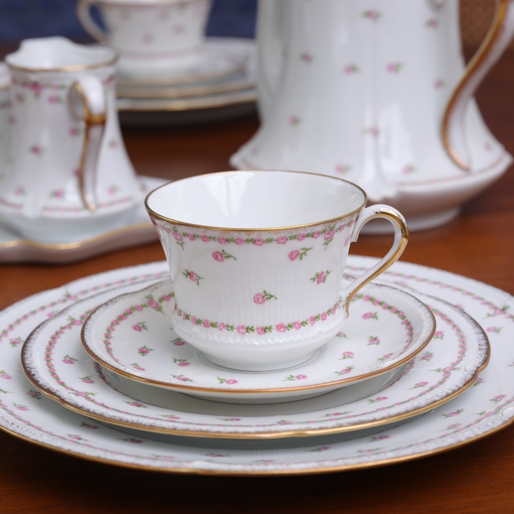 现货法国limoges洛可可贝壳浮雕小玫玫瑰咖啡壶糖奶咖啡杯