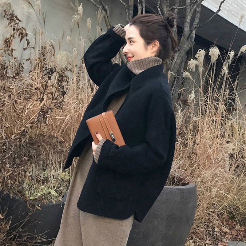秋冬韩版赫本黑色立领双面羊绒大衣女茧型短款小个子羊毛呢子外套