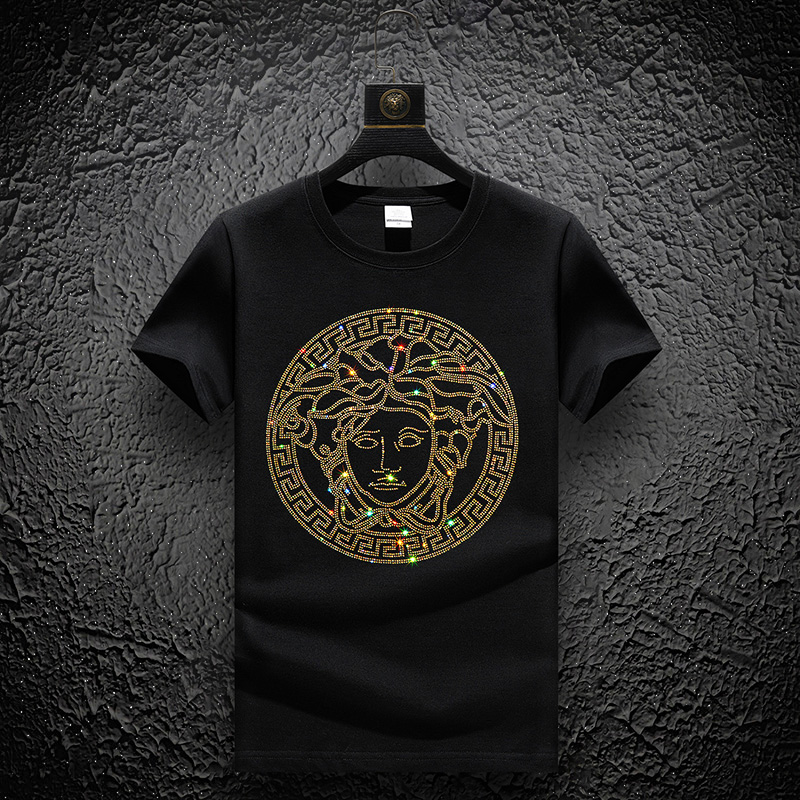 范思晢家欧洲站新款夏季男装美杜莎烫钻短袖T恤男冰丝棉大码半袖