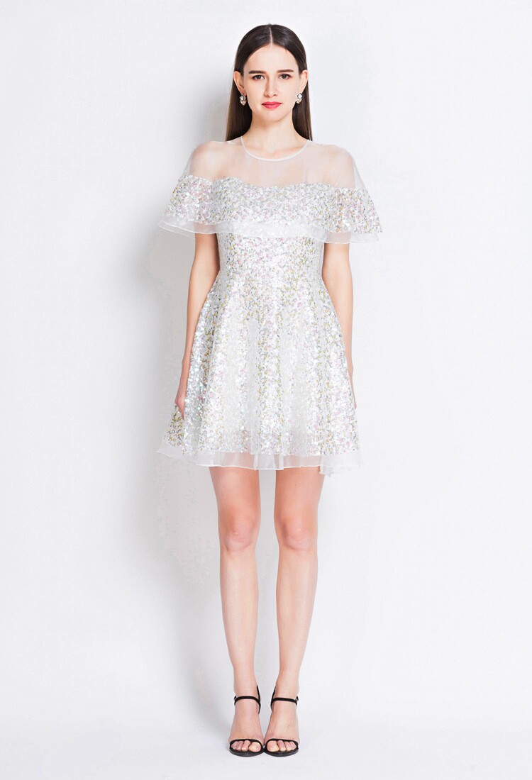 名媛罩衫欧根纱一字领露肩亮片透视斗篷礼服连衣裙夏 女装party裙