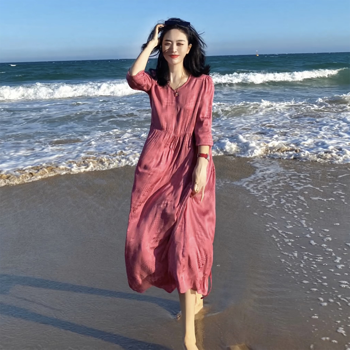 Linda姐高端重磅桑蚕丝连衣裙女2022年夏季新款V领气质提花真丝裙