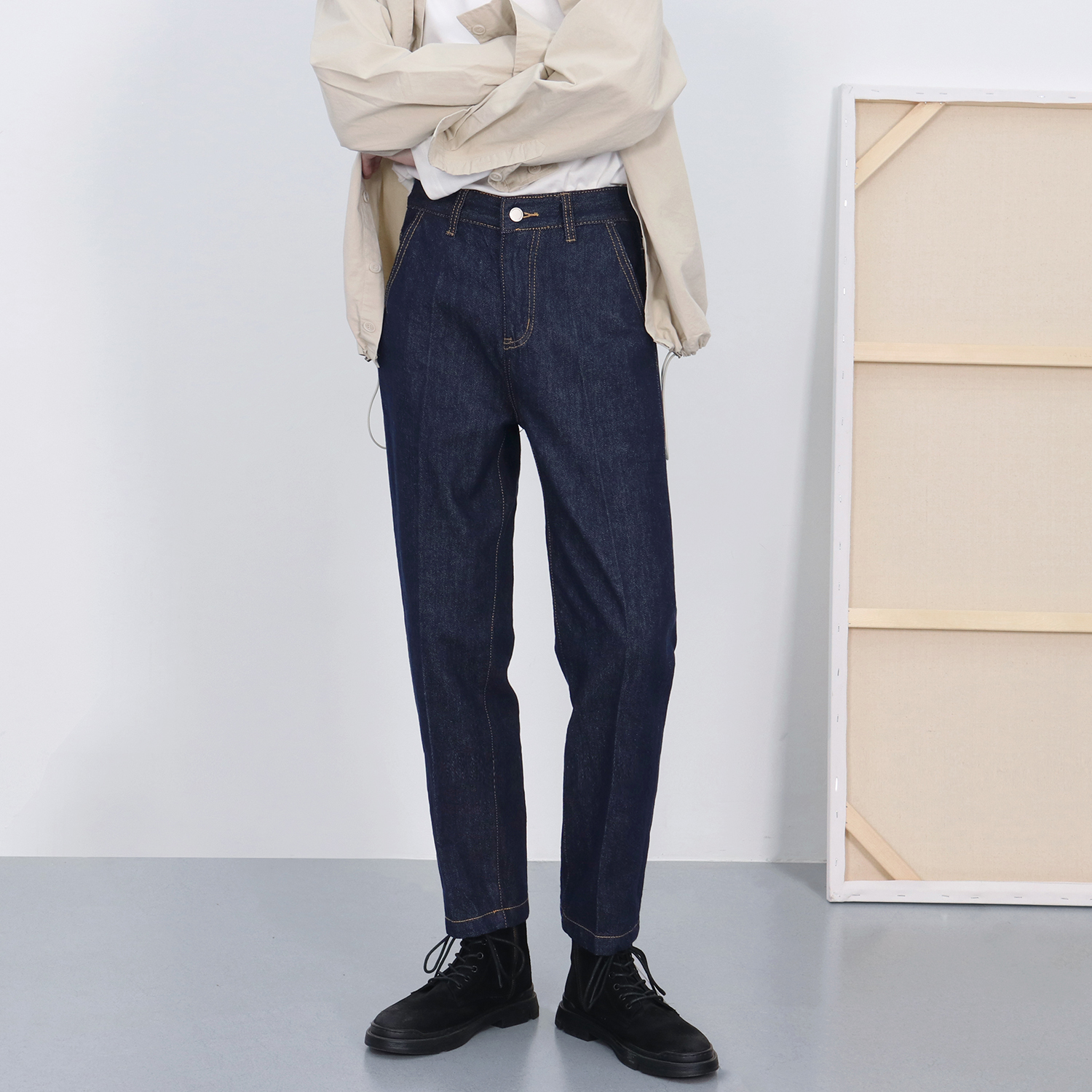 港风复古深蓝色高端直筒牛仔裤男夏季薄款潮流痞帅宽松休闲裤子男