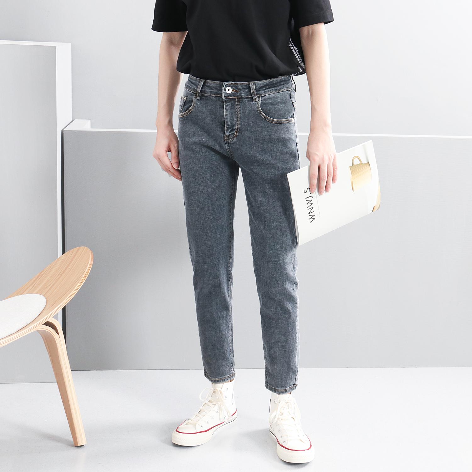 新款灰色高端九分牛仔裤男修身小脚潮流韩版百搭直筒牛仔裤子潮牌
