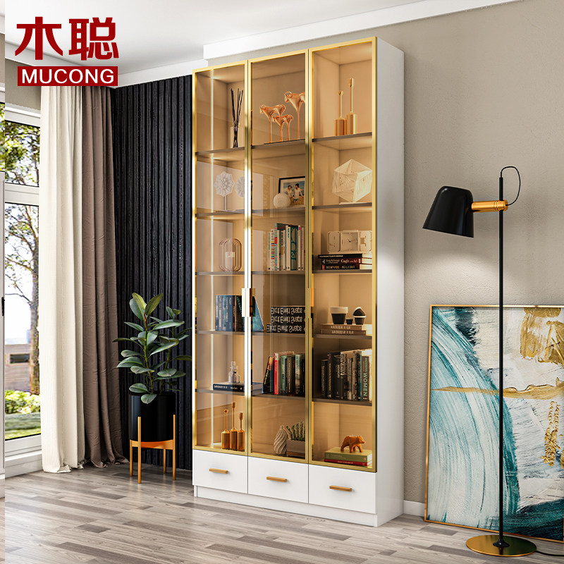现代轻奢玻璃门书柜酒柜置物柜客厅展示柜落地储物柜靠墙实木定制