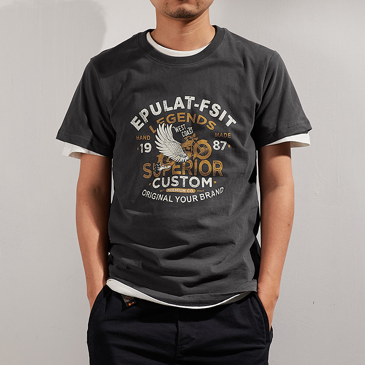 短袖水洗欧美机车恤男美式复古摩托车印花纯棉t恤