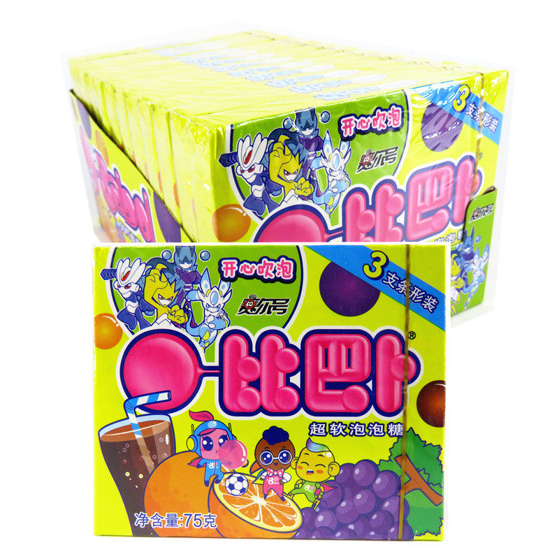 比巴卜条形零食礼物儿童12盒三支超软75g泡泡糖口香糖