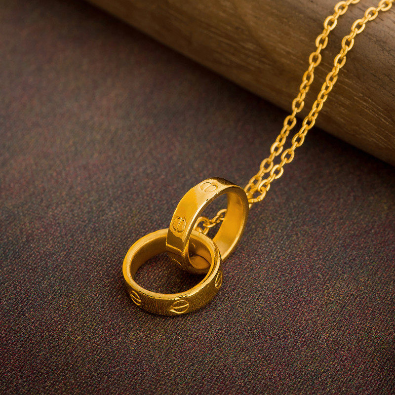 新款24k双环吊坠3d硬足金999纯黄金项链女细款锁骨时尚套链送礼