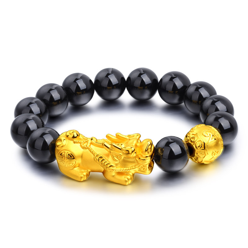 999足金3d硬金貔貅黄金手链 天然黑曜石转运珠手串 男女招财纳福
