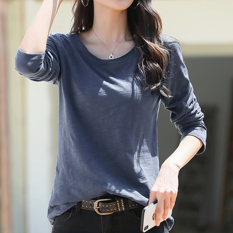 长袖t恤女2020新款韩版宽松纯色纯棉打底衫春季竹节棉上衣小衫薄