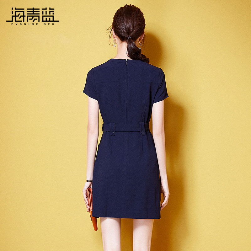 海青蓝女装连衣裙夏装2021年新款通勤气质绑带收腰连衣裙