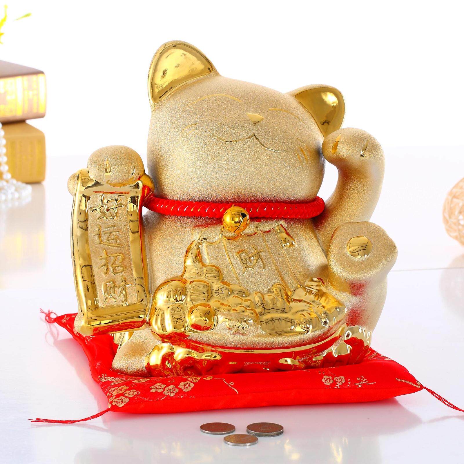 金色招财猫摆件小号大号陶瓷扑满储蓄罐摇手开业招财猫
