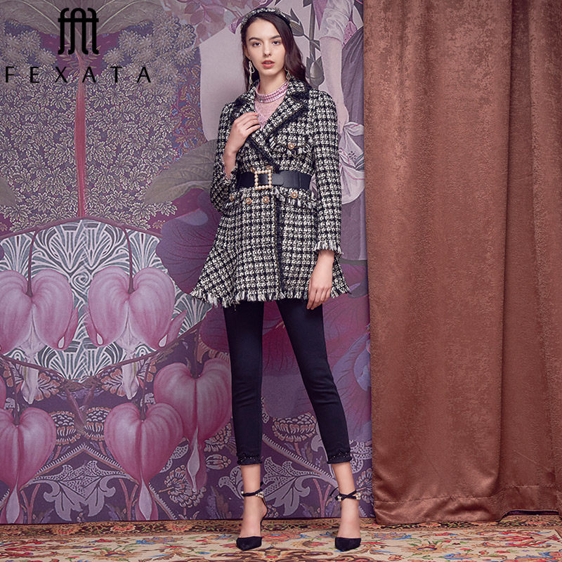 fexata女装2021冬装新品双排格子中长大衣复古毛呢外套