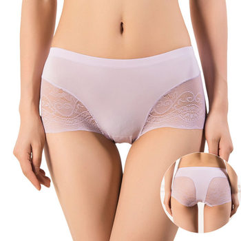 Lace edge seamless solid color sexy one piece ice silk fabric pure cotton crotch lift breathable mid-waist boxer briefs for women