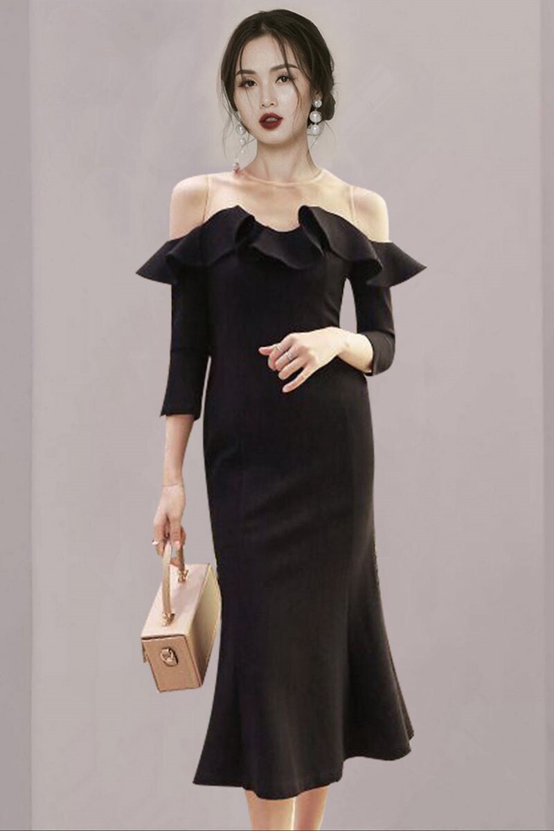 名媛性感一字领露肩鱼尾小黑裙法式高端气质优雅女神范礼服连衣裙