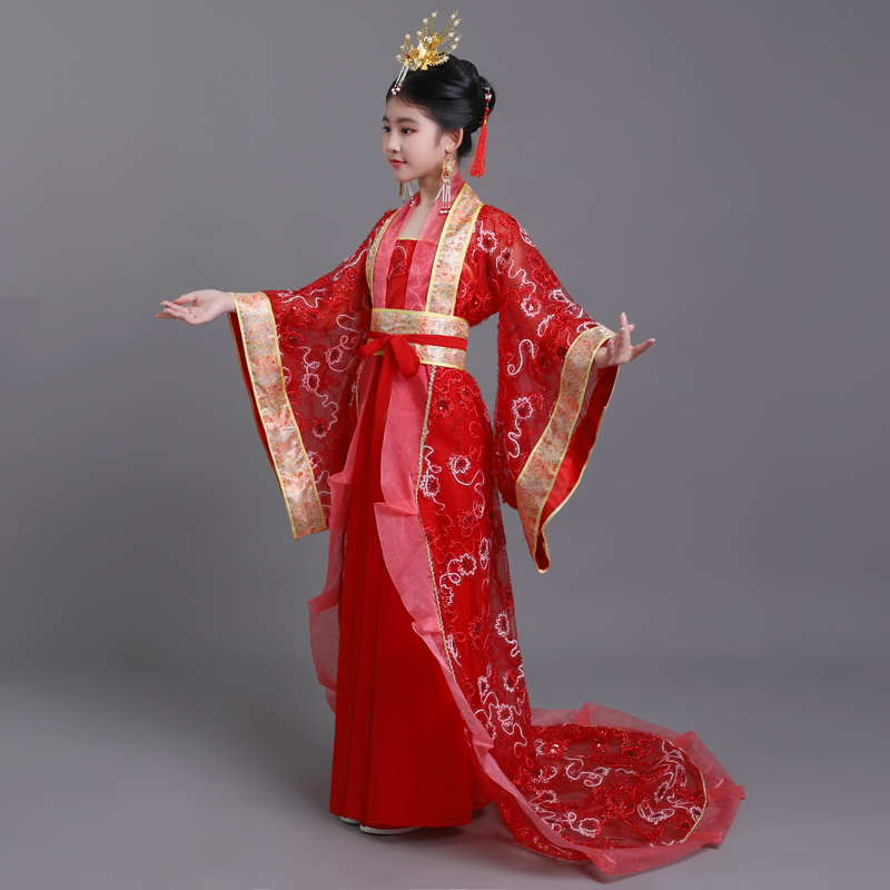 儿童古装女戏女童宫廷装汉唐朝贵妃拖尾公主儿童演出服