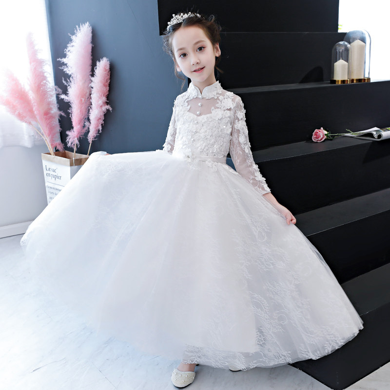 女童婚纱长裙白色儿童生日主持人晚礼服公主裙花童钢琴演出服长袖
