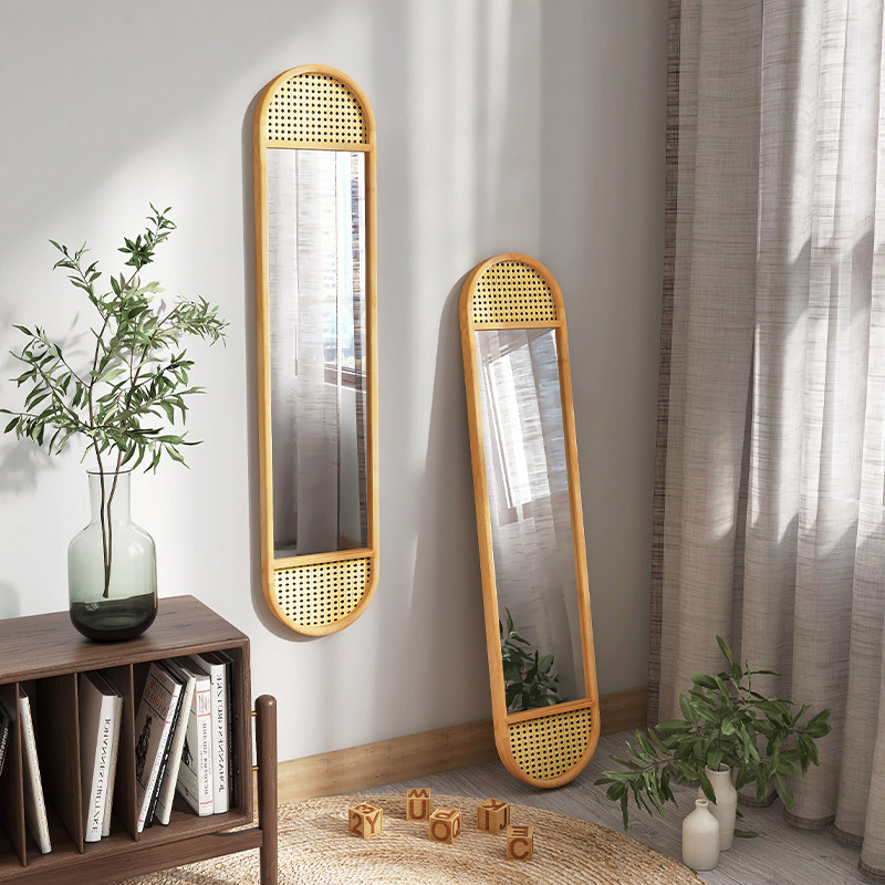 实木户型镜子穿衣镜穿衣玄关入户超窄小户藤编穿衣镜