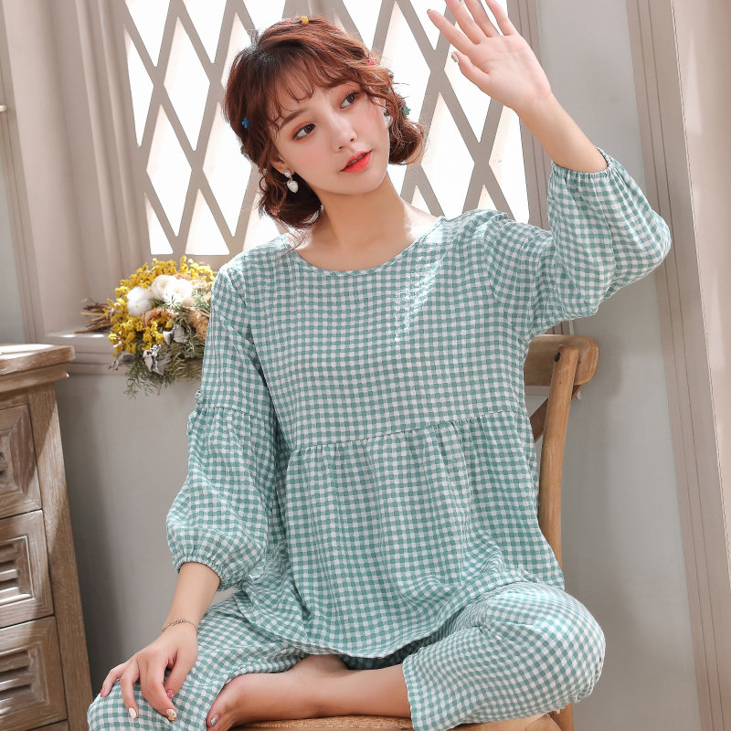 春秋秋季女士睡衣格子九分长裤套装圆领泡泡睡衣