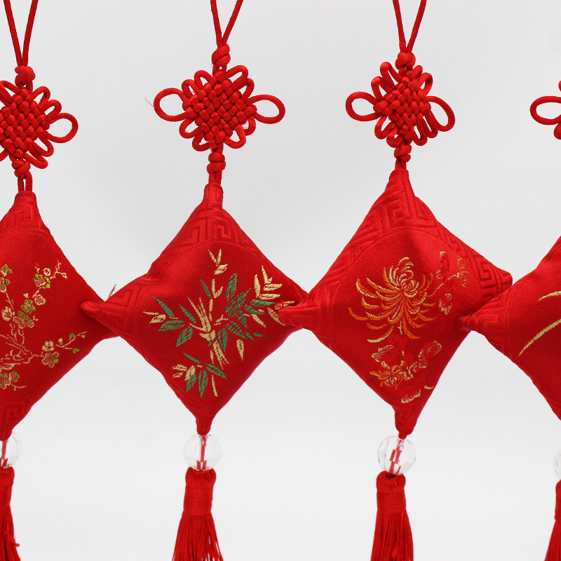 香囊端午节挂件梅兰竹菊四君子红色黄色棱形中国结汽车香包