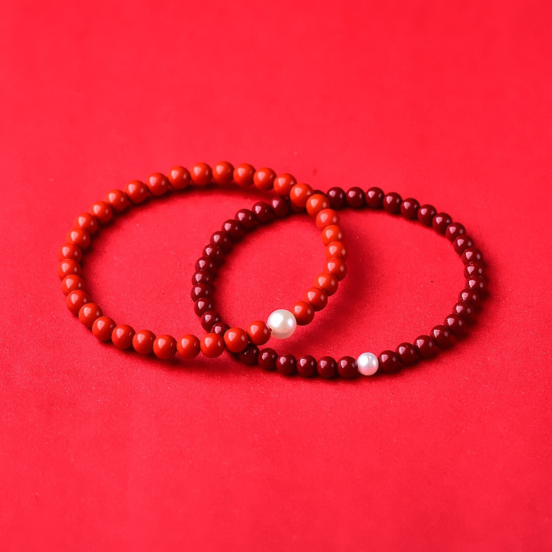 本命年原矿故宫朱砂红细手链女简约网红单圈淡水珍珠圆珠手串辟邪