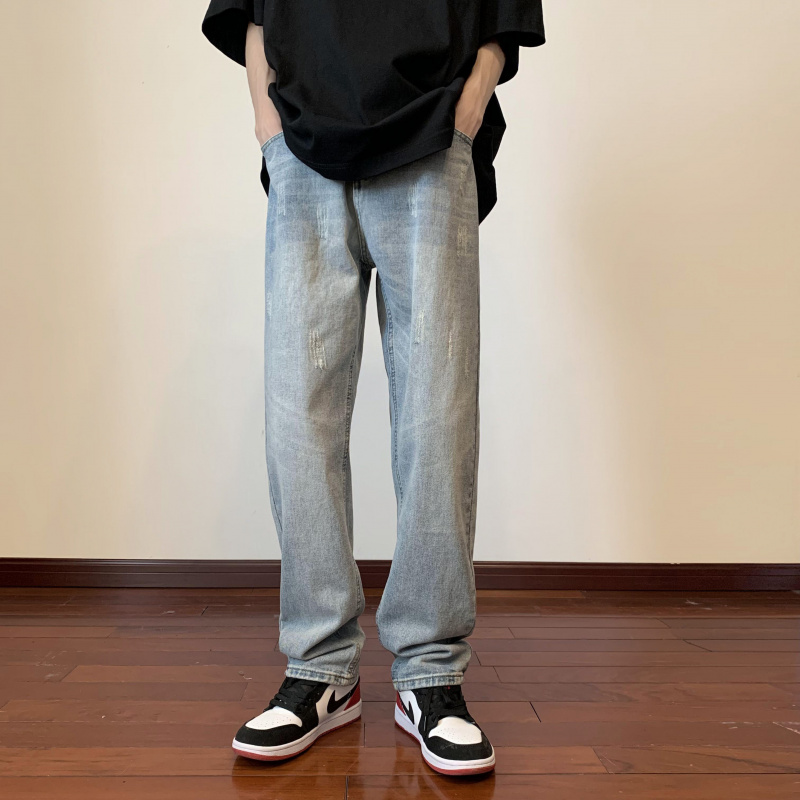 水洗做旧直筒牛仔裤男宽松ins潮休闲裤潮牌浅色长裤夏季薄款高街