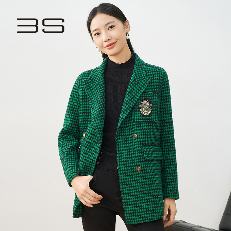 3s女装尚艾艾诗2022冬季新款千鸟格名媛气质毛呢外套