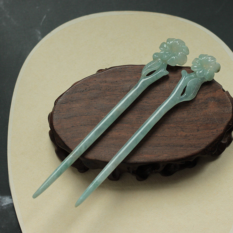 发饰复古旗袍花朵绿冰满绿冰双姝证书发簪翡翠发饰