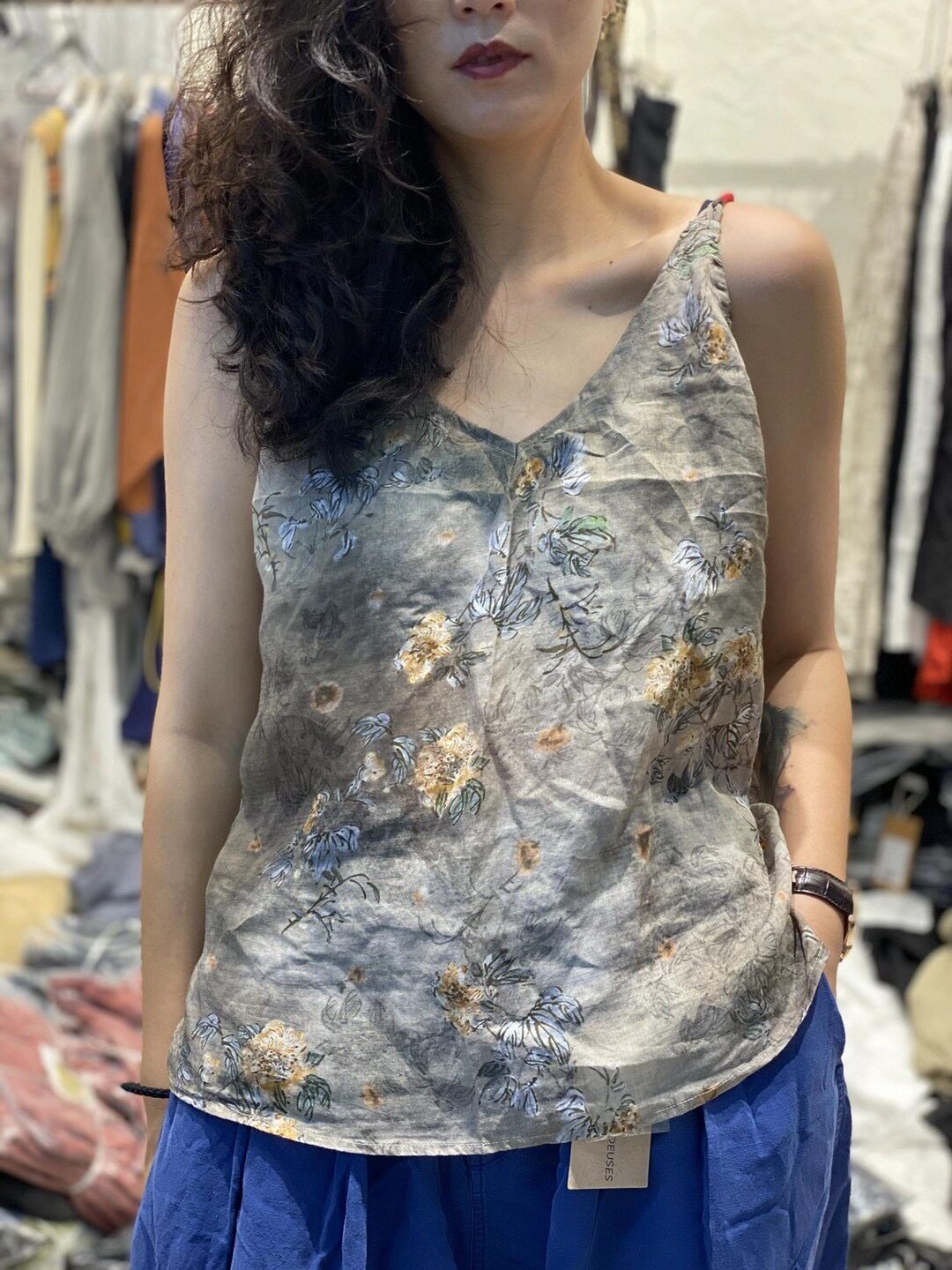 祁拾清新苎麻印花吊带夏季新品复古文艺个性背心吊带