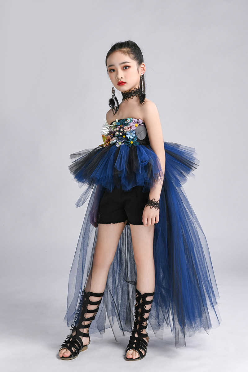 女童重工贴花花蓝黑色套装礼服儿童走秀新款儿童礼服