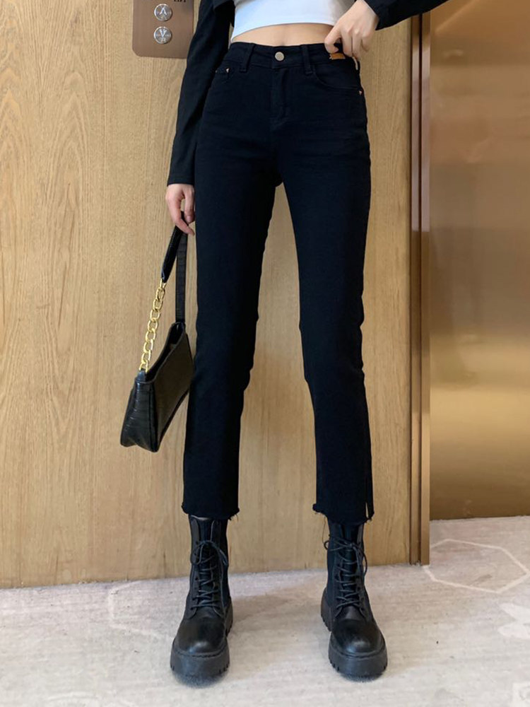 依炫92703烟管裤女韩版修身显瘦黑色小直筒牛仔裤牛仔裤